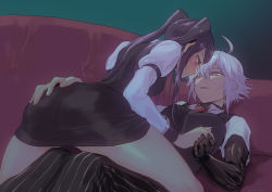 Rule 34 | 2girls, absurdres, ahoge, blush, commentary request, dana zane, eye contact, hair between eyes, hand on another&#039;s ass, highres, holding hands, jill stingray, long hair, looking at another, mugitarou, multiple girls, no legwear, pants, prosthesis, prosthetic arm, purple hair, reclining, short hair, straddling, striped clothes, striped pants, thighs, twintails, va-11 hall-a, yuri