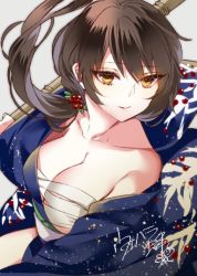Rule 34 | 1girl, bad id, bad pixiv id, blue kimono, breasts, brown hair, cleavage, closed mouth, collarbone, floral print, flower knight girl, grey background, hair ornament, holding, japanese clothes, kimono, large breasts, long hair, looking at viewer, nanten (flower knight girl), ponytail, print kimono, sarashi, signature, simple background, single bare shoulder, smile, solo, uehara (higanbachi), upper body, yellow eyes