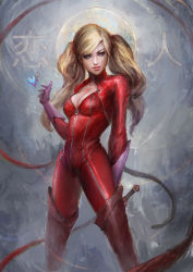Rule 34 | 1girl, blonde hair, blue eyes, bodysuit, boots, breasts, cleavage, cleavage cutout, clothing cutout, commentary, english commentary, gloves, heart, highres, looking at viewer, medium breasts, persona, persona 5, purple gloves, realistic, red bodysuit, red footwear, solo, takamaki anne, thedurianart, thigh boots, thighhighs, twintails