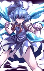 Rule 34 | 1girl, aura, blue dress, blue eyes, blue hair, bow, cirno, dress, fighting stance, hair bow, highres, ice, ice wings, matching hair/eyes, puffy short sleeves, puffy sleeves, short hair, short sleeves, solo, touhou, wings, yagami (mukage)