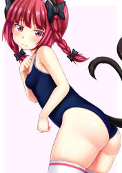Rule 34 | 1girl, animal ears, ass, blush, bow, braid, breasts, cat ears, cat tail, cowboy shot, ebi 193, fang, fang out, hair bow, kaenbyou rin, long hair, looking at viewer, multiple tails, nekomata, one-piece swimsuit, purple background, red eyes, red hair, school swimsuit, simple background, skindentation, small breasts, solo, standing, swimsuit, tail, thighhighs, thighs, touhou, twin braids, two tails, white background, white thighhighs