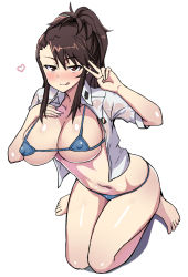 Rule 34 | 10s, 1girl, :p, amaretto (girls und panzer), bikini, blush, breasts, brown eyes, brown hair, girls und panzer, large breasts, mordeth, navel, see-through, shirt, solo, swimsuit, tongue, tongue out, v