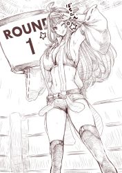 Rule 34 | 1girl, :q, ahoge, armpits, boots, boxing ring, breasts, cleavage, detached sleeves, greyscale, headgear, holding, holding sign, kantai collection, kongou (kancolle), large breasts, long hair, looking at viewer, monochrome, navel, one eye closed, round girl, short shorts, shorts, sideboob, sign, star (symbol), suspender shorts, suspenders, sweat, thigh boots, thighhighs, tobisawa, tongue, tongue out, v, wide sleeves