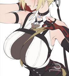 1girl arm_behind_head arm_strap armpits bare_shoulders between_breasts black_choker black_gloves black_pants blonde_hair blush breasts chest_harness choker collared_shirt elbow_gloves evelyn_chevalier gloves gomashio_ponz hair_up harness head_out_of_frame high-waist_pants highres huge_breasts long_ribbon necktie necktie_between_breasts o-ring pants parted_lips partially_fingerless_gloves pulling_own_clothes red_gloves ring_hair_ornament shirt short_hair sidelocks simple_background single_elbow_glove sleeveless sleeveless_shirt solo sweatdrop two-tone_gloves unfinished upper_body white_background white_shirt yellow_necktie zenless_zone_zero