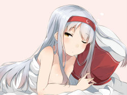 Rule 34 | 10s, 1girl, bad id, bad pixiv id, bed sheet, breasts, brown eyes, cleavage, hairband, kantai collection, long hair, lying, medium breasts, naked sheet, hugging object, on stomach, one eye closed, personification, pillow, pillow hug, shoukaku (kancolle), silver hair, sleepy, solo, totoki86, under covers, wink