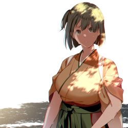 Rule 34 | 1girl, breasts, brown eyes, brown hair, commentary request, dappled sunlight, day, green hakama, hakama, hakama short skirt, hakama skirt, highres, hiryuu (kancolle), japanese clothes, kantai collection, kimono, large breasts, looking at viewer, one side up, orange kimono, short hair, skirt, solo, sunlight, tanaka io (craftstudio), upper body