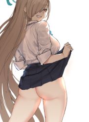 Rule 34 | 1girl, ass, asuna (blue archive), azuse neko, blue archive, blue skirt, breasts, brown hair, clothes lift, from behind, grin, hair over one eye, halo, large breasts, long hair, looking at viewer, looking back, no panties, pleated skirt, shirt, simple background, sketch, skirt, skirt lift, smile, solo, very long hair, white background, white shirt