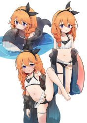 Rule 34 | 1girl, ahoge, barefoot, belt, bikini, black bikini, black robe, blue eyes, blush, bow, braid, breasts, brown hair, feet, hair bow, inflatable toy, inflatable whale, knee up, leg lift, leg up, legs, legs apart, long hair, multiple views, navel, off shoulder, partially submerged, pkpkpppk, princess connect!, ribbon, robe, see-through, small breasts, standing, standing on one leg, stomach, swimsuit, thigh strap, thighs, toes, twin braids, two-tone bikini, water, white bikini, yuni (princess connect!)