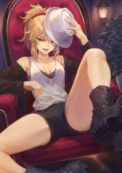 Rule 34 | 1girl, bare shoulders, black camisole, black footwear, black jacket, black shorts, blonde hair, boots, braid, breasts, camisole, chair, cleavage, collarbone, contemporary, fate/apocrypha, fate (series), fedora, french braid, green eyes, hair ornament, hair scrunchie, hat, highres, jacket, layered clothes, legs, long hair, looking at viewer, mashuu (neko no oyashiro), medium breasts, mordred (fate), mordred (fate/apocrypha), open clothes, open jacket, open mouth, parted bangs, plant, ponytail, potted plant, red scrunchie, scrunchie, short shorts, shorts, sidelocks, sitting, solo, spread legs, tank top, white hat, white tank top