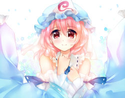 Rule 34 | 1girl, adapted costume, blue flower, floral background, flower, hair between eyes, hat, mob cap, nagare, pink hair, ribbon-trimmed collar, ribbon-trimmed sleeves, ribbon trim, saigyouji yuyuko, short hair, smile, solo, touhou, triangular headpiece, upper body, veil, white background, wide sleeves