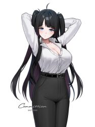 Rule 34 | 1girl, ahoge, arms up, artist name, belt, black belt, black hair, black pants, blue eyes, borrowed character, breasts, cleavage, collared shirt, colored inner hair, commentary, commission, cowboy shot, english commentary, highres, large breasts, long hair, long sleeves, looking at viewer, multicolored hair, original, pants, purple hair, shirt, simple background, solo, standing, svet yomi, two side up, watermark, white background, white shirt