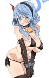 Rule 34 | 1girl, absurdres, ako (blue archive), bare shoulders, bell, bikini, black bikini, black gloves, black hairband, black thighhighs, blue archive, blue eyes, blue hair, blue halo, blush, breasts, chain, cleavage, collarbone, cowboy shot, cuffs, elbow gloves, gloves, groin, hair between eyes, hairband, halo, handcuffs, highres, large breasts, long hair, looking at viewer, neck bell, open mouth, seihekiog, simple background, solo, swimsuit, thighhighs, thighs, white background