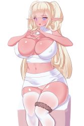 Rule 34 | 1girl, absurdres, bare shoulders, blonde hair, blush, boots, breasts, cleavage, clothing cutout, covered erect nipples, crop top, dark-skinned female, dark elven forest ranger, dark skin, elf, heart, heart hands, highres, large breasts, last origin, long hair, midriff, navel, open clothes, open shirt, own hands together, panties, pointy ears, shiny skin, shirt, sitting, skindentation, soaringv, solo, stomach, sweat, sweatdrop, thick thighs, thighhighs, thighs, underboob, underwear, white panties, white thighhighs, wide hips