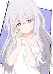 Rule 34 | 1girl, bare shoulders, blush, brown eyes, closed mouth, collarbone, commentary request, copyright request, fingernails, grey hair, ixy, kozakura (urasekai picnic), long hair, looking at viewer, off shoulder, shirt, short sleeves, solo, t-shirt, upper body, urasekai picnic, white shirt