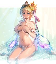 Rule 34 | 1girl, blonde hair, blue eyes, bow (bhp), breasts, closed mouth, collarbone, covering privates, covering breasts, europa (granblue fantasy), granblue fantasy, looking at viewer, medium breasts, partially submerged, short hair, sitting, smile, solo, thighs, tiara, topless, wariza, water