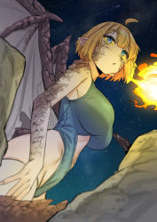 Rule 34 | 1girl, ahoge, blonde hair, blue eyes, blue leotard, blush, breasts, breath weapon, breathing fire, clothing cutout, colored sclera, dragon girl, dragon tail, dragon wings, fire, griffon (last origin), ichihyaku nanajuu, korean commentary, large breasts, last origin, leotard, monster girl, navel cutout, outdoors, pointy ears, scales, short hair, sky, solo, star (sky), tail, thighhighs, white thighhighs, wings, yellow sclera