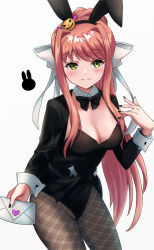 Rule 34 | 1girl, animal ears, black bow, bow, breasts, brown hair, cleavage, doki doki literature club, green eyes, hair bow, highres, letter, love letter, monika (doki doki literature club), ponytail, rabbit, rabbit ears, sand (redsunny924), simple background, smile, solo, white background, white bow