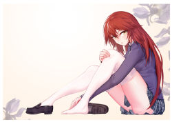 Rule 34 | 1girl, :o, absurdres, bearn (warship girls r), black footwear, blazer, blush, feet, floral background, from side, full body, gradient background, grey skirt, hand on own foot, hands on feet, highres, hugging own legs, jacket, knees up, loafers, long hair, long sleeves, looking at viewer, looking to the side, miniskirt, onceskylark, open mouth, plaid, plaid skirt, purple jacket, red hair, school uniform, unworn shoe, shoes, unworn shoes, single shoe, sitting, skirt, solo, straight hair, thighhighs, thighs, very long hair, warship girls r, white thighhighs, yellow background, yellow eyes
