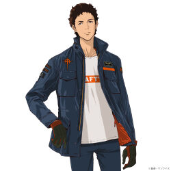 Rule 34 | 1boy, black gloves, blue jacket, blue pants, brown eyes, brown hair, casual, collared jacket, gloves, gundam, gundam hathaway&#039;s flash, hathaway noa, highres, jacket, male focus, official art, open clothes, open jacket, pants, shirt, short hair, solo, streetwear, white background, white shirt