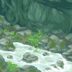 Rule 34 | day, forest, landscape, lowres, moss, naname (fossama1), nature, no humans, original, outdoors, pixel art, plant, river, rock, scenery, still life, stream, tree, water