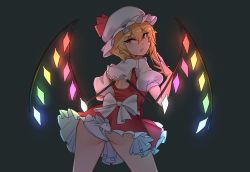 Rule 34 | 1girl, ass, back, blonde hair, blush, bow, commentary, cowboy shot, crystal, flandre scarlet, from behind, glowing, grey background, hair between eyes, hand up, hat, hat ribbon, head tilt, highres, long hair, looking at viewer, looking back, miniskirt, mob cap, mochi (chain csn), one side up, panties, pantyshot, parted lips, petticoat, pointy ears, puffy short sleeves, puffy sleeves, red eyes, red ribbon, red skirt, red vest, ribbon, shirt, short sleeves, simple background, skirt, skirt set, solo, standing, symbol-only commentary, thighs, touhou, underwear, vest, white bow, white hat, white panties, white shirt, wings