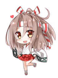 Rule 34 | 1girl, :d, brown eyes, chibi, clothes lift, hachimaki, headband, heart, highres, japanese clothes, kantai collection, koda (kodadada), looking at viewer, open mouth, pleated skirt, ponytail, silver hair, skirt, skirt lift, smile, solo, standing, standing on one leg, white background, zuihou (kancolle)