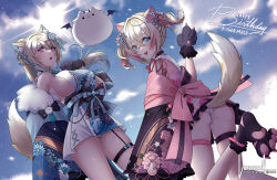 Rule 34 | 2girls, animal ear fluff, animal ears, animal hands, ass, belt, black sash, blonde hair, blue belt, blue eyes, blue hair, blue kimono, blue sky, breasts, cloud, dog ears, dog girl, dog paws, dog tail, floral print kimono, flower, fuwawa abyssgard, fuwawa abyssgard (new year), hair flower, hair ornament, happy birthday, highres, hololive, hololive english, japanese clothes, kimono, large breasts, long hair, looking at viewer, luwudco, mococo abyssgard, mococo abyssgard (new year), multicolored hair, multiple girls, obi, official alternate costume, perroccino (fuwamoco), pink belt, pink eyes, pink hair, pink kimono, ponytail, sash, short hair, siblings, sisters, sky, sleeveless, sleeveless kimono, smile, streaked hair, sun, tail, thigh strap, twins, twintails, virtual youtuber