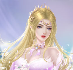 Rule 34 | 1girl, bare shoulders, bibi dong zhuye, blonde hair, blue eyes, douluo dalu, dress, forehead protector, hair ornament, highres, long hair, looking at viewer, qian renxue (douluo dalu), smile, solo, upper body, white dress