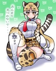Rule 34 | 10s, 1girl, :&lt;, animal ears, animal print, bare shoulders, clouded leopard (kemono friends), convenient leg, dress shirt, elbow gloves, gloves, gradient hair, japari symbol, kemono friends, leopard ears, leopard print, leopard tail, long hair, looking at viewer, miniskirt, multicolored hair, necktie, pleated skirt, ponytail, shiny skin, shirt, sitting, skirt, solo, tail, thighhighs, thighs, translated, very long hair, warainaku, yellow eyes