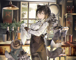 Rule 34 | 1girl, absurdres, adapted costume, animal ears, animal hands, arknights, bartender, black necktie, black pantyhose, bottle, breasts, brown hair, ceiling light, collared shirt, cowboy shot, cup, grey hair, hair between eyes, hanging light, highres, holding, holding cup, id card, indoors, jumbowhopper, long hair, medium breasts, mixer (cooking), necktie, pantyhose, ponytail, raccoon, raccoon ears, raccoon girl, raccoon tail, robin (arknights), shirt, sidelocks, solo, tail, undone necktie, white shirt, wiping, yellow eyes