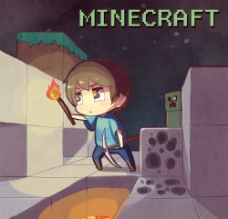 Rule 34 | 1boy, animification, block (object), blueberry (5959), creeper, grass, male focus, minecraft, lava, pickaxe, solo, torch, you gonna get raped, zaku