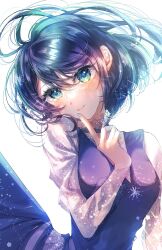 Rule 34 | 1girl, blue dress, blue eyes, blue hair, blue nails, blush, breasts, commentary request, dress, finger to own chin, green eyes, hair between eyes, highres, index finger raised, kurokawa akane, light particles, looking at viewer, medium breasts, multicolored eyes, nail polish, oshi no ko, parted lips, pinapo 25, see-through, see-through sleeves, short hair, signature, simple background, solo, white background