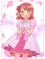 Rule 34 | 1girl, artist name, artist request, awakening promise (love live!), bare legs, belt, blush, border, bow, braid, braided bun, breasts, cleavage, collarbone, dress, dress bow, earrings, falling petals, female focus, fingers together, flower, frilled dress, frilled skirt, frills, gloves, green eyes, hair bun, hair flower, hair ornament, highres, jewelry, looking at viewer, love live!, love live! nijigasaki high school idol club, love live! school idol festival, miniskirt, musical note, necklace, orange hair, own hands together, parted lips, pearl earrings, pearl necklace, petals, pink belt, pink border, pink bow, pink dress, pink flower, pink petals, pink skirt, pink wrist cuffs, plaid, plaid dress, plaid skirt, pleated, pleated dress, pleated skirt, puffy short sleeves, puffy sleeves, red hair, short hair, short sleeves, side bun, single side bun, skirt, skirt under dress, small breasts, smile, solo, sparkle, two-tone dress, uehara ayumu, white background, white dress, white gloves, wrist cuffs, yellow eyes, yellow skirt