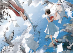 Rule 34 | 1boy, 1girl, bird, black eyes, black hair, cellphone, cloud, day, dress, flying paper, paper, phone, power lines, puddle, reflection, selina, short hair, sky, umbrella, water