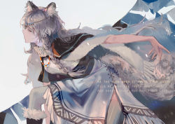 Rule 34 | 1girl, absurdres, animal ears, arknights, black footwear, boots, braid, cape, closed mouth, coat, expressionless, closed eyes, full body, grey thighhighs, highres, jewelry, knee boots, leopard ears, leopard tail, long hair, long skirt, long sleeves, necklace, pramanix (arknights), silver hair, skirt, solo, tail, thighhighs, third-party source, yusuli-