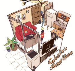 Rule 34 | 2boys, apartment, bae (baebae), blonde hair, blue hair, cat, couch, door, galo thymos, green hair, isometric, kitchen, lio fotia, multiple boys, poster (object), promare, refrigerator, sink, spiked hair