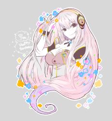 Rule 34 | 1girl, arm up, bare shoulders, black eyes, breasts, detached collar, detached sleeves, flower, grey background, hand in own hair, happy birthday, headphones, headset, long hair, looking at viewer, megurine luka, megurine luka (vocaloid4), mossan, pink hair, simple background, smile, solo, sparkle, upper body, v4x, vocaloid