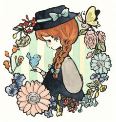 Rule 34 | 1girl, anne of green gables, anne shirley, bird, bow, braid, brown hair, bug, butterfly, flower, hasiko moomin, hat, hat bow, hat ribbon, bug, nippon animation, painting (medium), profile, ribbon, striped, striped background, traditional media, twin braids, watercolor (medium), world masterpiece theater