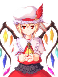 Rule 34 | 1girl, ascot, blonde hair, blood, bodice, brooch, cross, cup, female focus, flandre scarlet, hat, hat feather, hat ribbon, highres, jewelry, looking at viewer, mob cap, opilio, own hands together, puffy short sleeves, puffy sleeves, red eyes, ribbon, sakazuki, short hair, short sleeves, side ponytail, simple background, skirt, skirt set, smile, solo, tassel, touhou, white background, wings