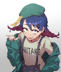 Rule 34 | 1girl, azuki aisu ranmaru, bakku159, beret, black eyes, blue hair, blush, braid, clothes writing, commentary request, cookie (touhou), food, green hat, green jacket, hair between eyes, hair ornament, hairclip, hat, indie virtual youtuber, jacket, looking at viewer, medium hair, multicolored hair, ofuda, open mouth, overalls, popsicle, red hair, simple background, solo, twin braids, twintails, two-tone hair, upper body, virtual youtuber, white background