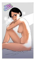 Rule 34 | 1girl, artist name, bad id, bad twitter id, black hair, blush, border, breasts, breath, from side, futoshi slim, glasses, highres, knee up, looking at viewer, medium breasts, navel, nipples, nude, on bed, original, parted bangs, profile, short hair, sitting, solo, sweat, white border