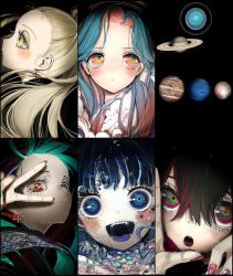 Rule 34 | 5girls, :d, :o, blonde hair, blue eyes, blue hair, blush, blush stickers, close-up, closed mouth, colored inner hair, earrings, facial mark, fangs, fingernails, gradient hair, hair between eyes, halo, highres, jewelry, jupiter (planet), long hair, looking at viewer, looking up, multicolored hair, multiple girls, nail polish, narue, neptune (planet), open mouth, original, pink hair, planet, pluto (planet), ponytail, profile, red eyes, red nails, saturn (planet), smile, star (symbol), star facial mark, streaked hair, uranus (planet), v, v over eye, wide-eyed, yellow eyes