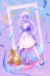 Rule 34 | 1girl, absurdres, aqua eyes, asymmetrical gloves, bare shoulders, bracelet, breasts, cleavage, closed mouth, detached sleeves, dress, earrings, falling feathers, feathers, gloves, hair between eyes, halo, high heels, highres, honkai: star rail, honkai (series), jewelry, long hair, looking at viewer, musical note, purple dress, robin (honkai: star rail), short sleeves, smile, two-tone dress, uneven gloves, white dress, white gloves, yuanfendetiankong