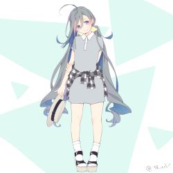 Rule 34 | 10s, 1girl, ahoge, alternate costume, blue eyes, blue hair, clothes around waist, colis, dress, grey dress, grey hair, hair between eyes, hat, unworn hat, unworn headwear, kantai collection, kiyoshimo (kancolle), long hair, low twintails, multicolored hair, short sleeves, smile, socks, solo, sweater, sweater around waist, twintails, twitter username, very long hair, white socks
