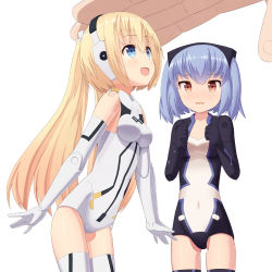 Rule 34 | 10s, 2girls, :d, arnval, bad id, bad pixiv id, bare shoulders, black legwear, blonde hair, blue hair, blush, breasts, busou shinki, covered navel, cowboy shot, elbow gloves, envy, from side, gloves, gradient hair, hairband, hand on another&#039;s head, happy, headpat, headphones, jealous, leaning forward, leotard, long hair, looking at another, looking up, mini person, minigirl, multicolored hair, multiple girls, open mouth, orange hair, ponytail, red eyes, short hair, simple background, small breasts, smile, strarf, tatatami3, thighhighs, twintails, two side up, very long hair, wavy mouth, white background, white gloves, white legwear