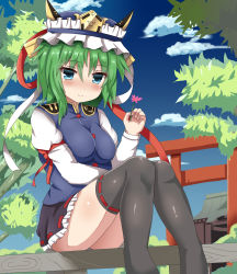 Rule 34 | 1girl, arm ribbon, black skirt, black thighhighs, blue eyes, blush, commentary request, flower, green hair, guard vent jun, hat, hat ribbon, highres, holding, holding flower, long sleeves, looking at viewer, miniskirt, ribbon, ribbon-trimmed skirt, ribbon trim, shiki eiki, short hair, shrine, sitting, skirt, smile, solo, thighhighs, touhou, vest, wariza