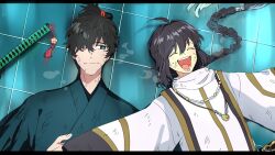 Rule 34 | 1boy, 1other, :d, ^ ^, after battle, ahoge, androgynous, black hair, blush, bright pupils, closed eyes, closed mouth, commentary request, fate/samurai remnant, fate (series), green kimono, hair intakes, hair spread out, happy, highres, japanese clothes, katana, kimono, long hair, long sleeves, looking at another, low-tied long hair, lying, miyamoto iori (fate), on back, one eye closed, open mouth, outstretched arms, pirohi (pirohi214), shirt, short hair, side-by-side, smile, spiked hair, split mouth, sword, teeth, tile floor, tiles, upper body, weapon, white pupils, white shirt, wide sleeves, yamato takeru (fate)