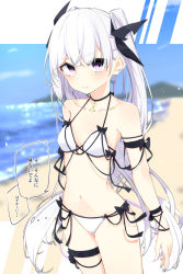 Rule 34 | 1girl, armband, bare shoulders, beach, bikini, black choker, black ribbon, blurry, blurry background, blush, breasts, choker, closed mouth, collarbone, commentary request, cowboy shot, day, depth of field, frown, hair ribbon, halterneck, highres, horizon, ichiki 1, long hair, looking at viewer, navel, ocean, original, outdoors, purple eyes, ribbon, side-tie bikini bottom, small breasts, solo, speech bubble, standing, stomach, swimsuit, thigh strap, translation request, twintails, v-shaped eyebrows, very long hair, white bikini, white hair, wristband