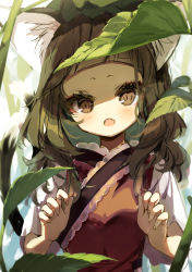 Rule 34 | 1girl, :o, animal ear fluff, animal ears, blush, brown eyes, brown hair, cat ears, chen, commentary request, fangs, foul detective satori, long hair, looking at viewer, open mouth, piyokichi, short sleeves, solo, touhou, upper body