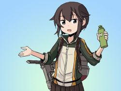 Rule 34 | 1girl, black hair, blue background, bottle, commentary, english commentary, gradient background, grey eyes, hayasui (kancolle), jacket, kantai collection, machinery, open mouth, pleated skirt, short hair, sixten, skirt, smile, solo, track jacket, upper body, water bottle
